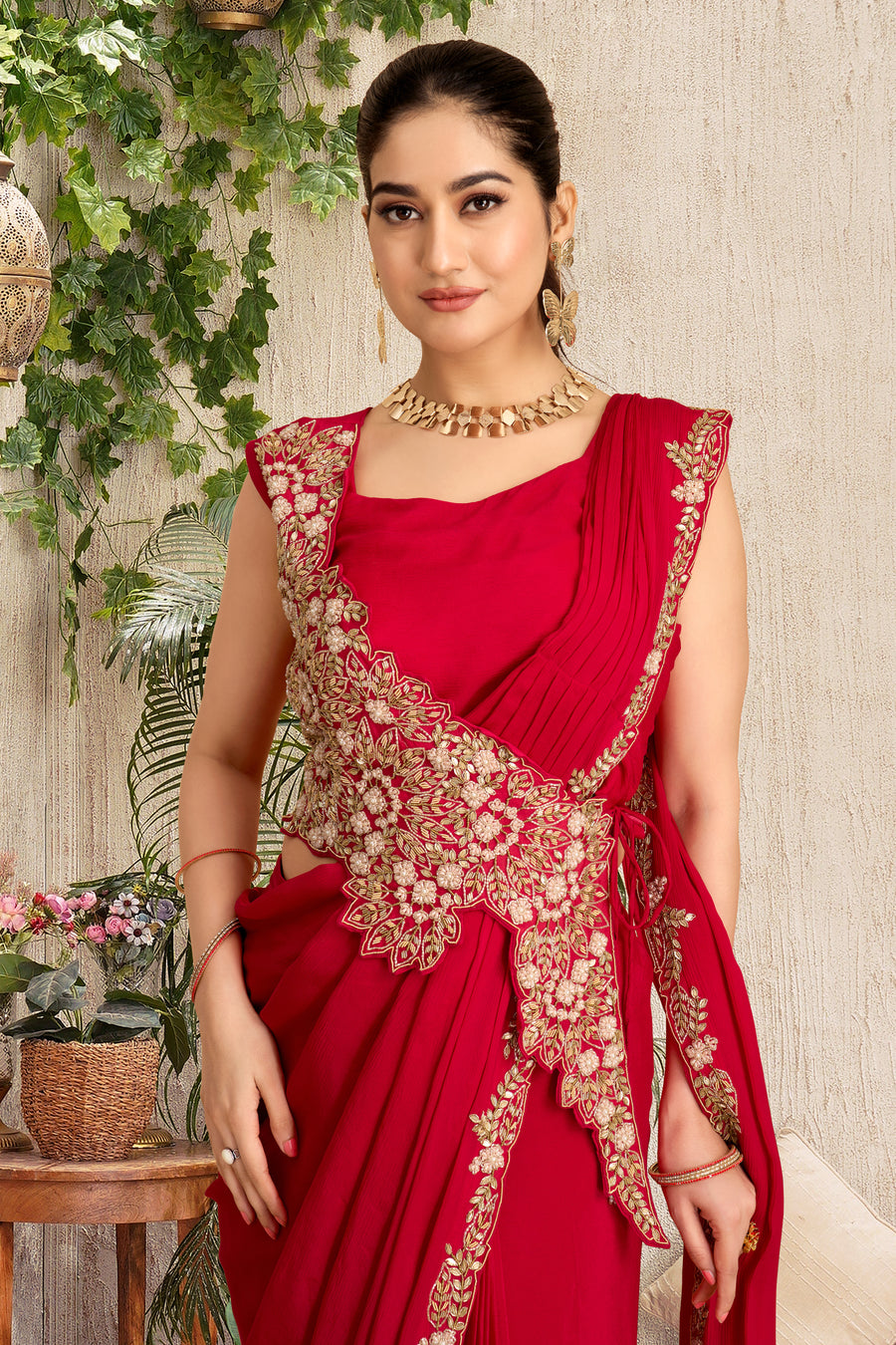 Red Chinnon Pre-Draped Saree with Cross-Body Sequin Belt