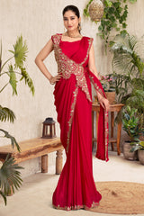 Red Chinnon Pre-Draped Saree with Cross-Body Sequin Belt