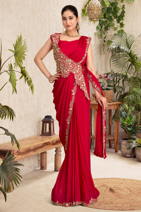 Red Chinnon Pre-Draped Saree with Cross-Body Sequin Belt