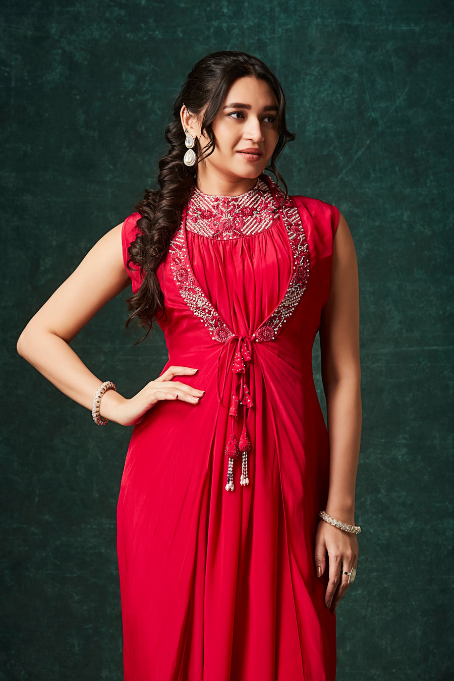 Red Chinnon Kaftan-Style Cinched Gown