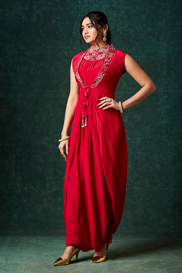 Red Chinnon Kaftan-Style Cinched Gown