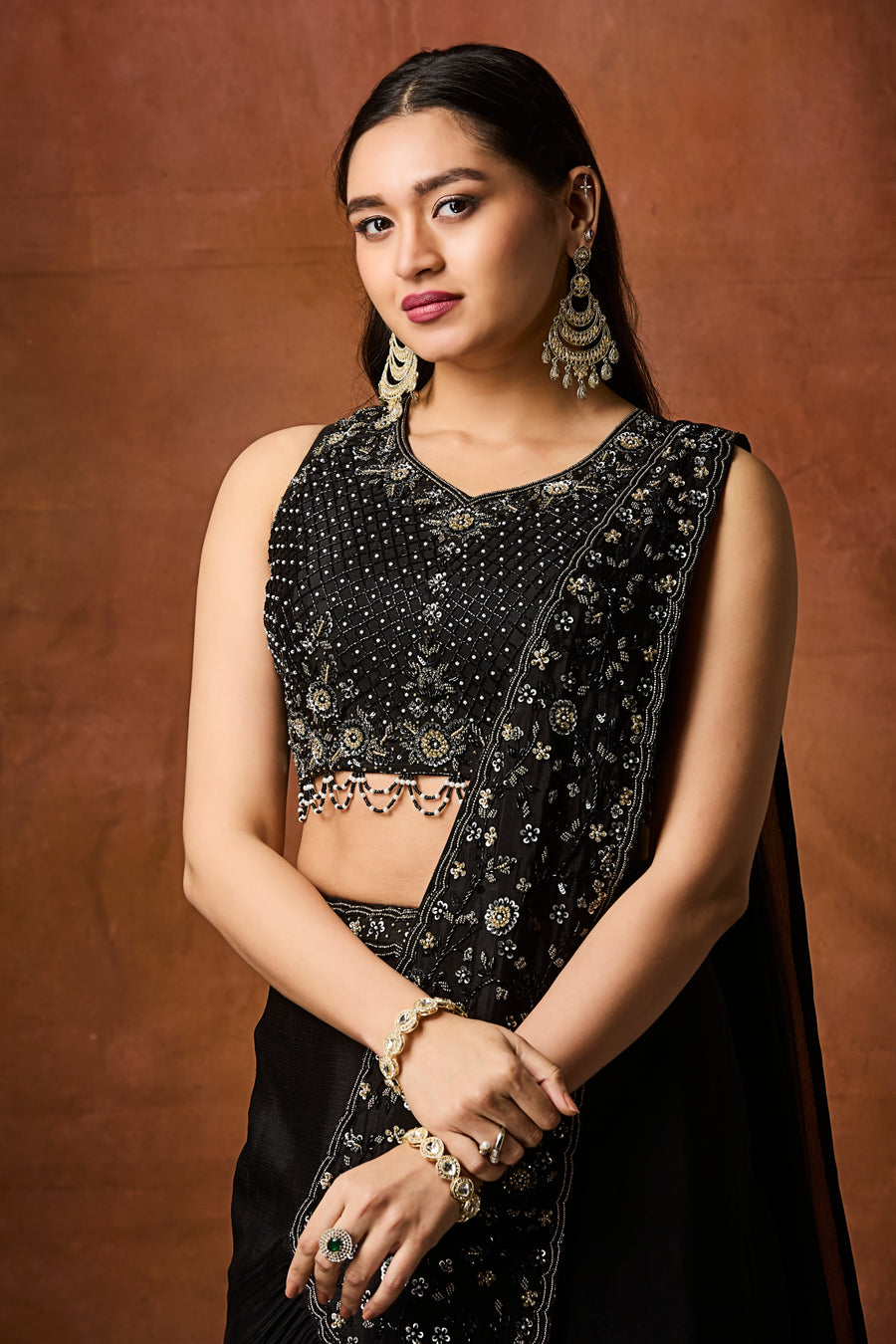 Black Chinnon Pre-Draped Saree with Hand Embroidered Pallu