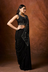 Black Chinnon Pre-Draped Saree with Hand Embroidered Pallu