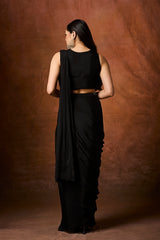 Black Chinnon Pre-Draped Saree with Hand Embroidered Pallu