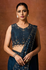 Midnight Blue Chinnon Pre-Draped Saree with Hand Embroidered Pallu