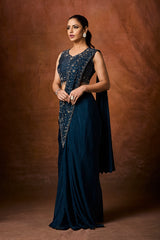 Midnight Blue Chinnon Pre-Draped Saree with Hand Embroidered Pallu