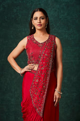 Red Chinnon Pre-Draped Saree with Hand Embroidered Pallu