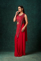 Red Chinnon Pre-Draped Saree with Hand Embroidered Pallu