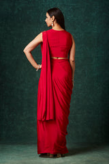 Red Chinnon Pre-Draped Saree with Hand Embroidered Pallu