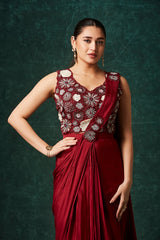 Magenta Chinnon Pre-Draped Saree with Hand Embroidered Blouse