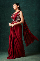 Magenta Chinnon Pre-Draped Saree with Hand Embroidered Blouse