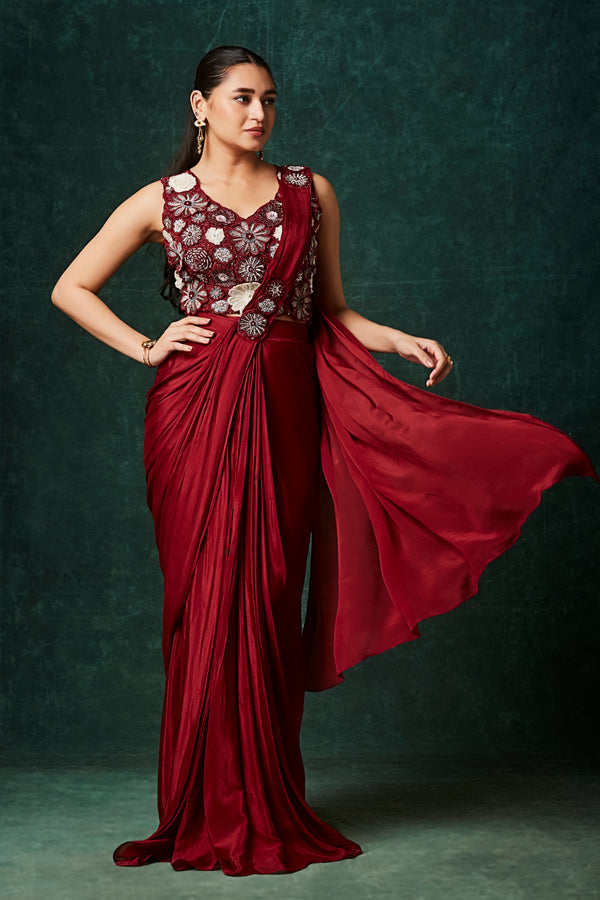 Magenta Chinnon Pre-Draped Saree with Hand Embroidered Blouse