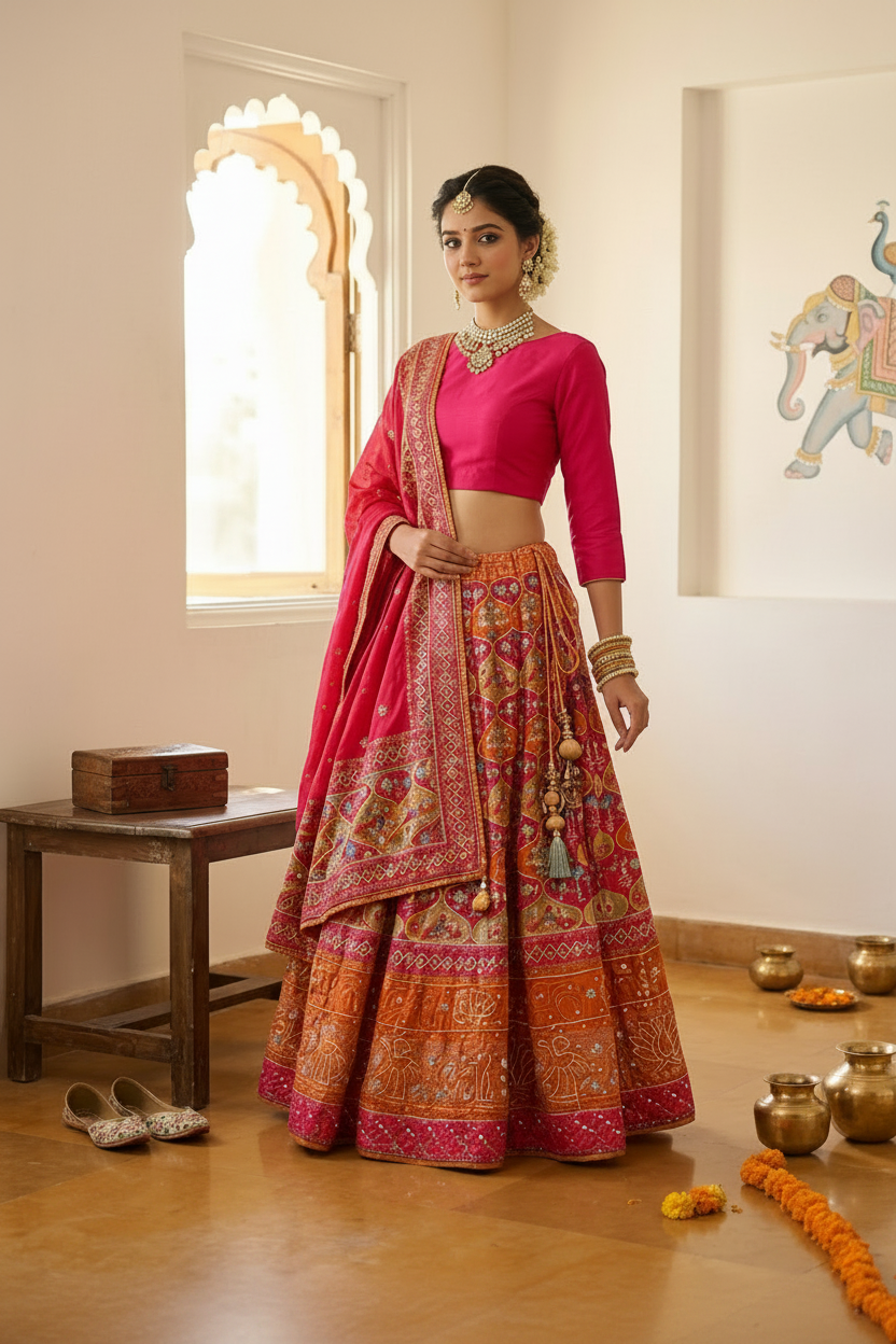 Sunset Pink & Orange Lehenga with Statement Dupatta (Unstitched Silk Blouse)