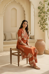 Woman wearing Rust Cotton Co-Ord Set | Kunvarani