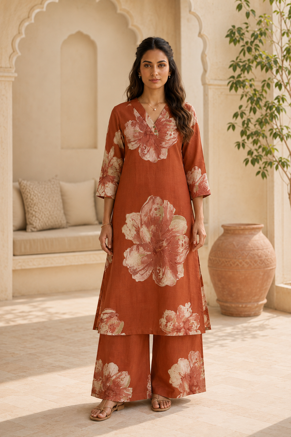 Woman wearing Rust Cotton Co-Ord Set | Kunvarani
