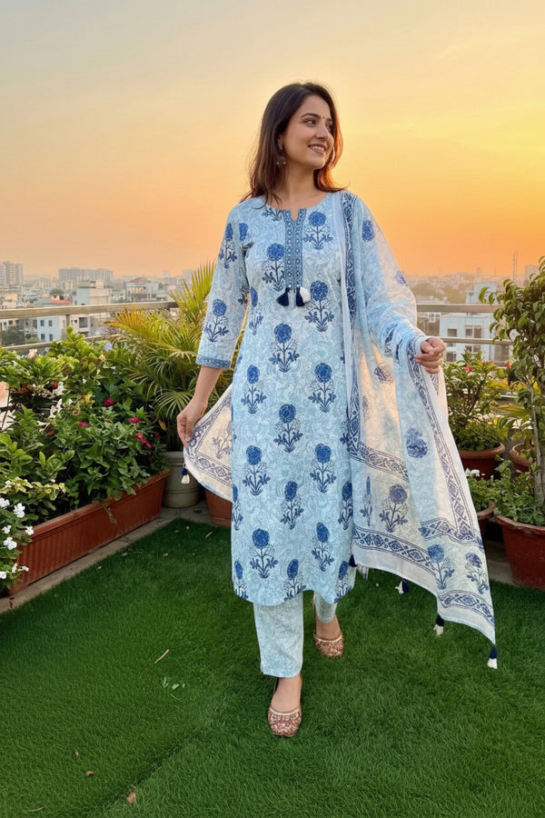 Blue & White Kurti Set