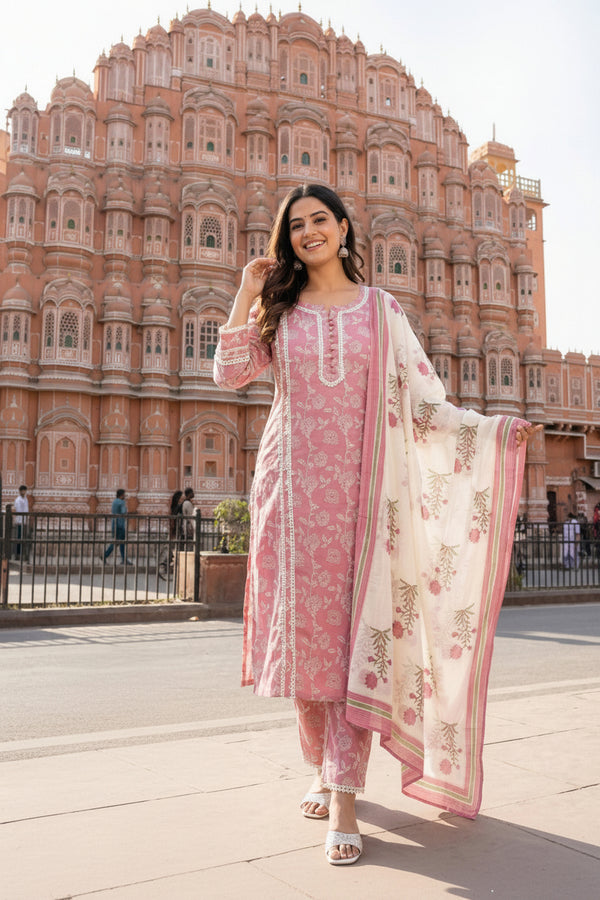 Pink Kurta Set with White Dupatta