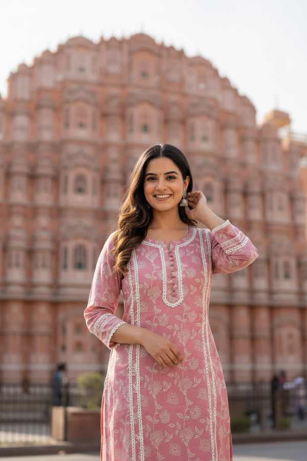Pink Kurta Set with White Dupatta