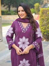 Purple V-Neck Kurti Set with Dupatta