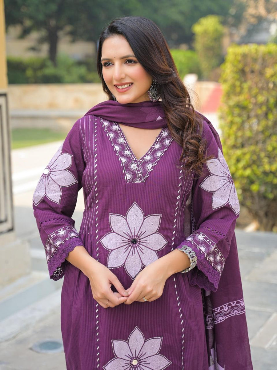 Purple V-Neck Kurti Set with Dupatta