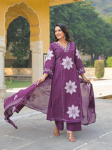 Purple V-Neck Kurti Set with Dupatta