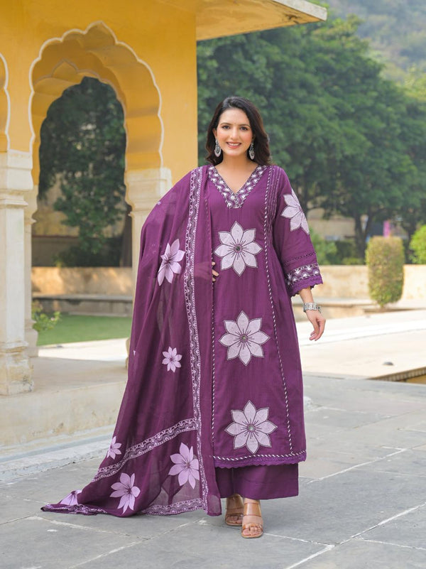 Purple V-Neck Kurti Set with Dupatta