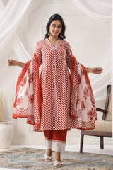 Red and White Striped Cotton Kurta Set with Dupatta