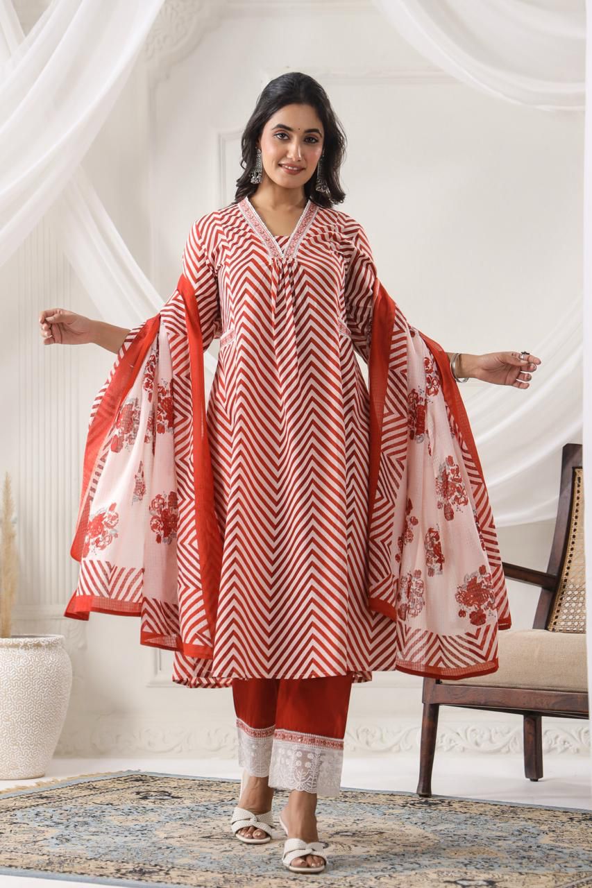 Red and White Striped Cotton Kurta Set with Dupatta