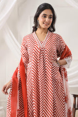 Red and White Striped Cotton Kurta Set with Dupatta