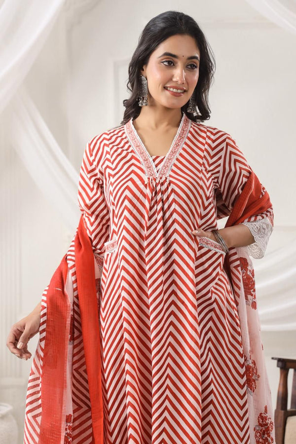 Red and White Striped Cotton Kurta Set with Dupatta