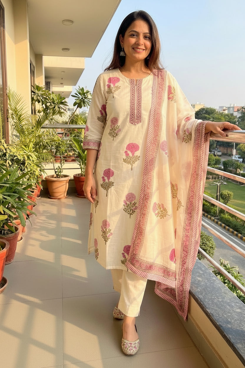 Pink and White Kurti Set Flo