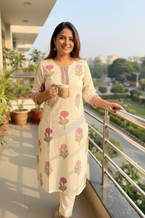 Pink and White Kurti Set Flo