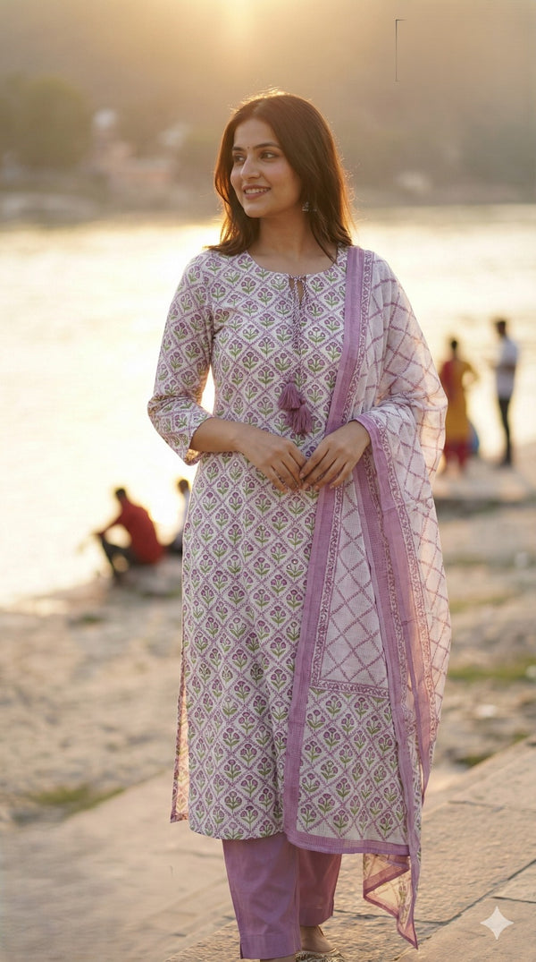 Lavender and Green Kurta Set
