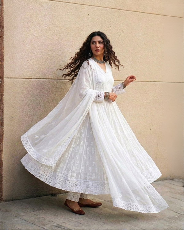 Cotton Lucknowi Lace Anarkali Suit Set with Dupatta