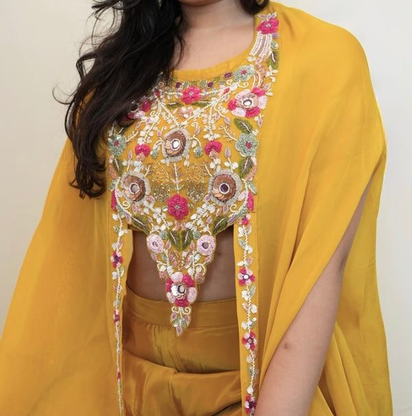 Mustard Crepe Palazzo Set with Handworked Cape