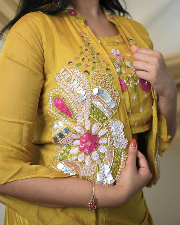 Crepe – Draped Skirt and Shrug Ensemble with Hand Detail