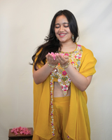 Mustard Crepe Palazzo Set with Handworked Cape