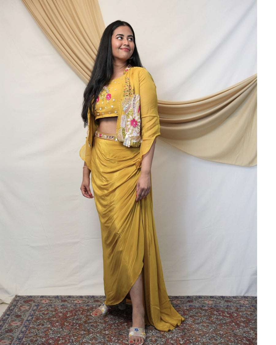 Crepe – Draped Skirt and Shrug Ensemble with Hand Detail