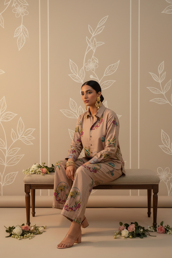 Brown Cotton Coord Set - Floral Print Collar Neck