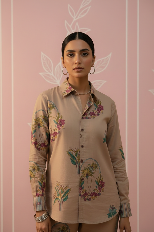 Brown Cotton Coord Set - Floral Print Collar Neck