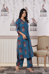 V Neck Blue Kurthi Set Daily wear back view - Cotton | Kunvarani
