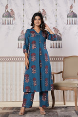 Cotton fabric detail - V Neck Blue Kurthi Set Daily wear | Kunvarani