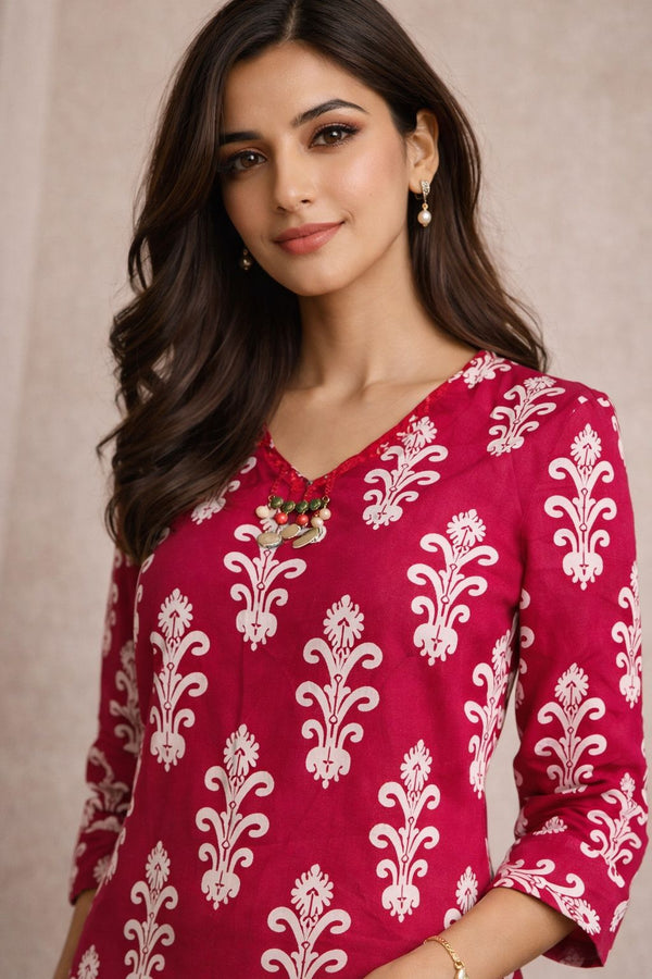 fabric detail - Daily wear Pink Color Kurti Set | Kunvarani