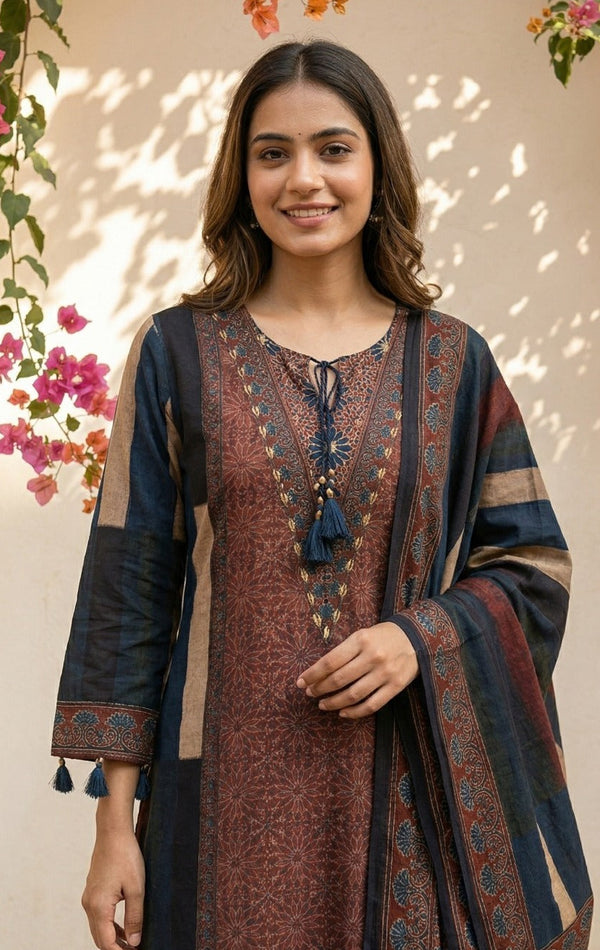 Maroon and Blue Soft Muslin kurti with Dupatta Set | Kunvarani