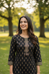 Black Cotton Kurti Set - Small Mirror Work Ajrakh Print