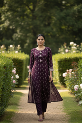 Wine Cotton Kurti Set - Block Print Tassle Detail