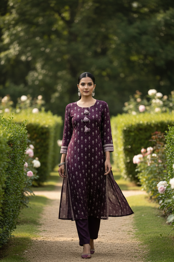 Wine Cotton Kurti Set - Block Print Tassle Detail