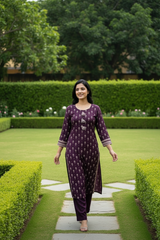 Wine Cotton Kurti Set - Block Print Tassle Detail