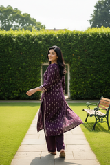 Wine Cotton Kurti Set - Block Print Tassle Detail