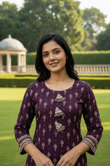 Wine Cotton Kurti Set - Block Print Tassle Detail